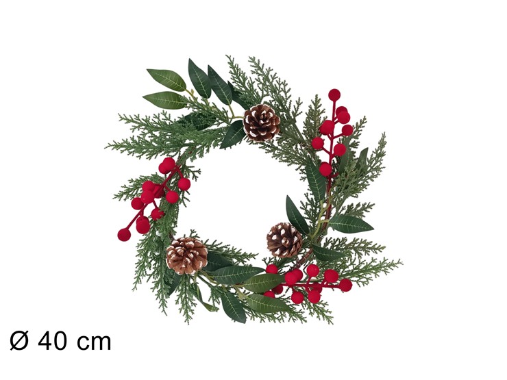 DIETROP.C/PIGNE E BACCHE VELL.BORD.Cm.40 - Natale > Dietroporta E Vetrofanie > Ghirlande A Corona - Ingrosso B2B Magazzini Scatigna